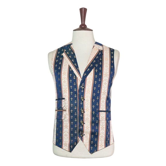 Mens 46R Navy Ivory Red Fleur-de-Lis Striped Vest Waistcoat Formal Wedding Party